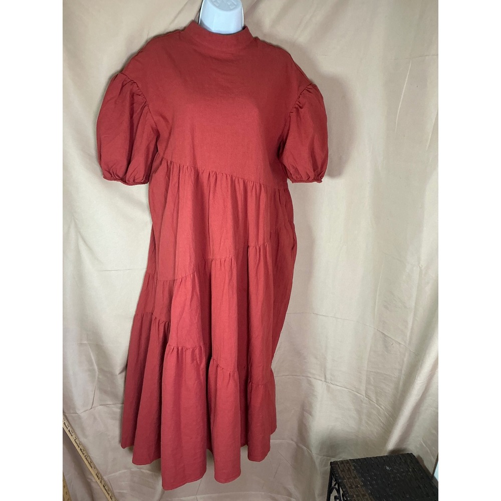 Unbranded Tiered Midi Dress Womens large Red Puff Sleeve Mock Neck Boho